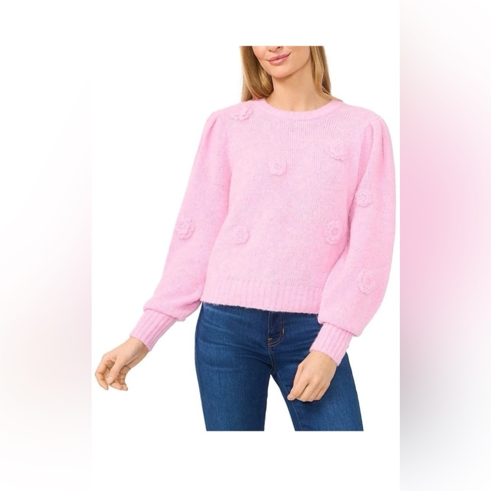 NEW CeCe Light Pink Women's 3D Floral Applique wool blend Sweater
